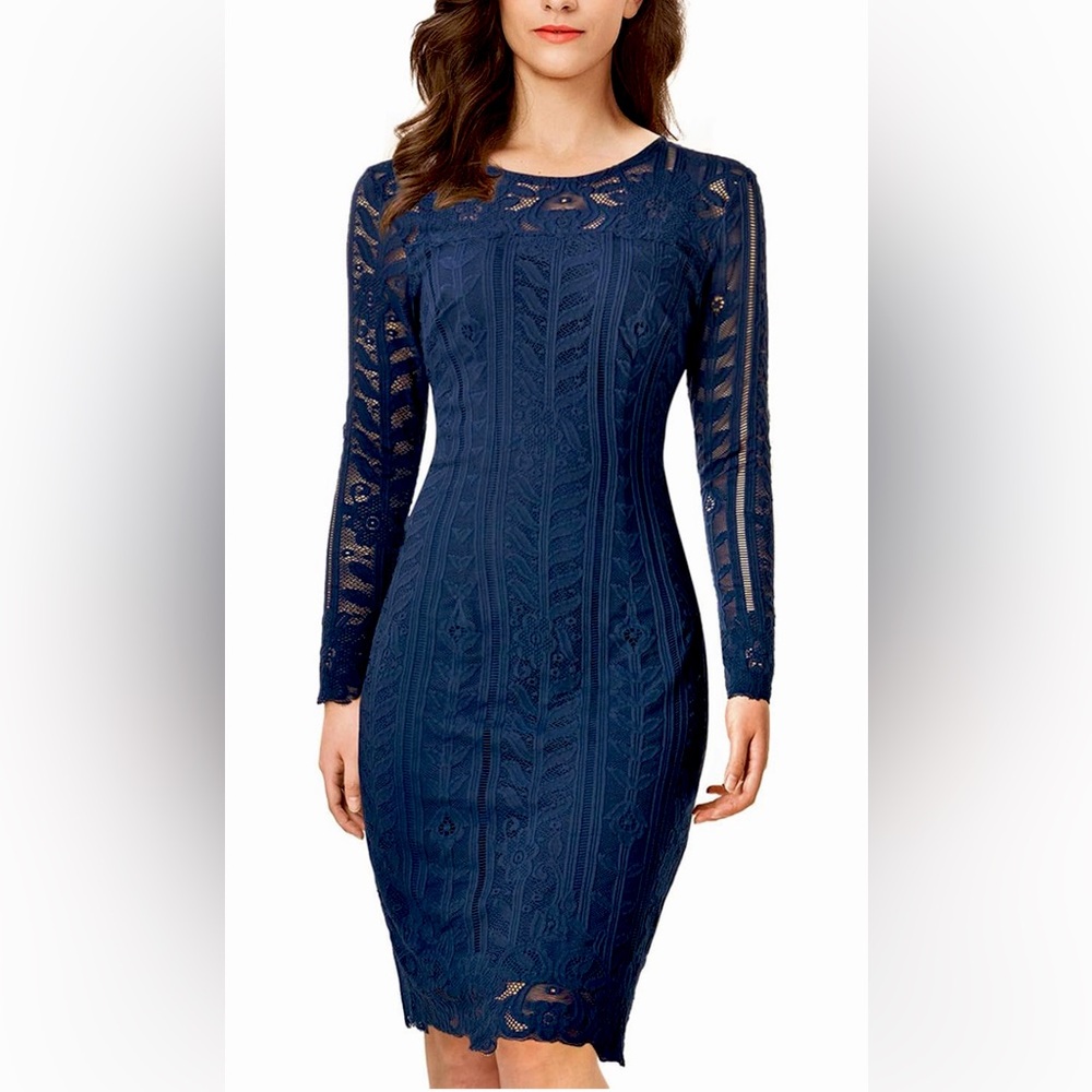 Women's Navy Lace Long Sleeve Bodycon Dress for Holiday Party Wedding Guest
